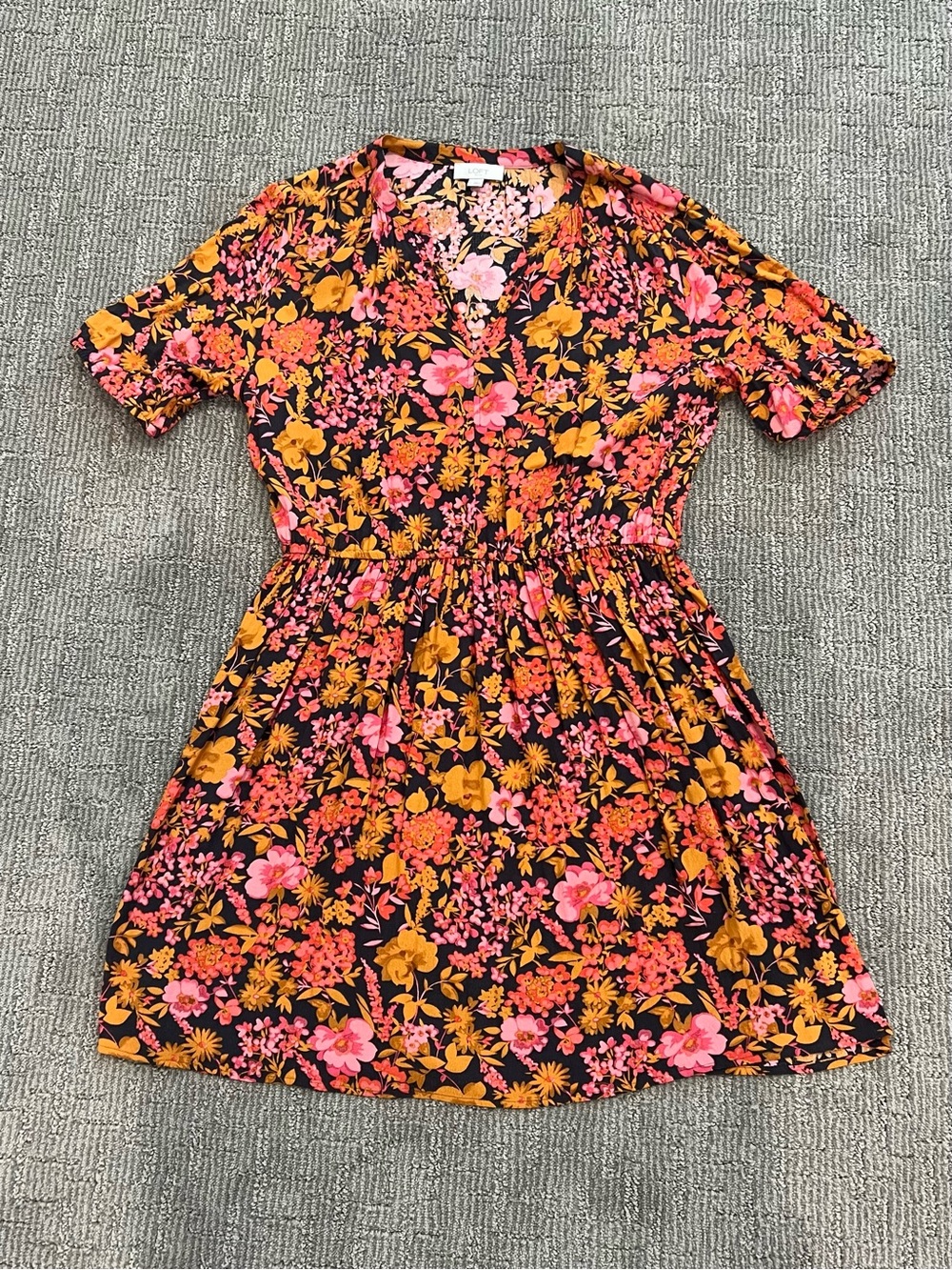 LOFT Floral Casual Dress in Black with Pink & Gold Flowers